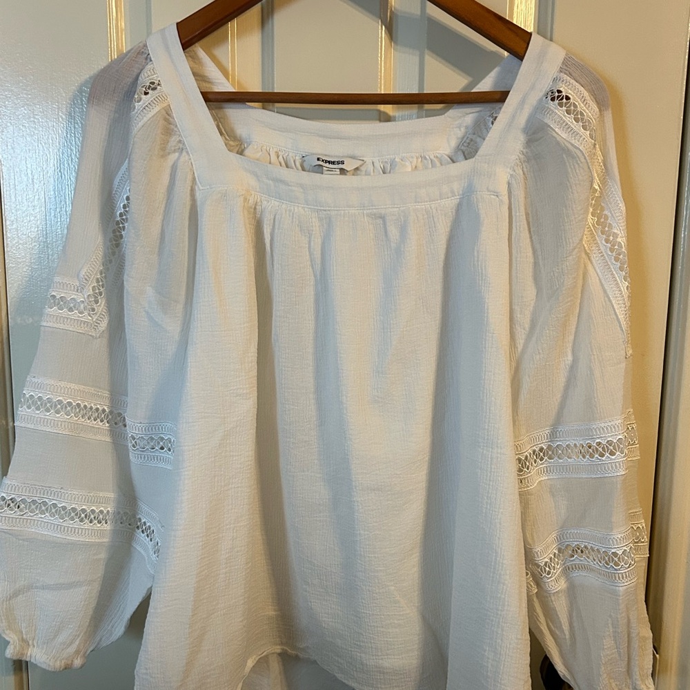 Women’s Express White Blouse with Lace Accents 100% Cotton Size Med